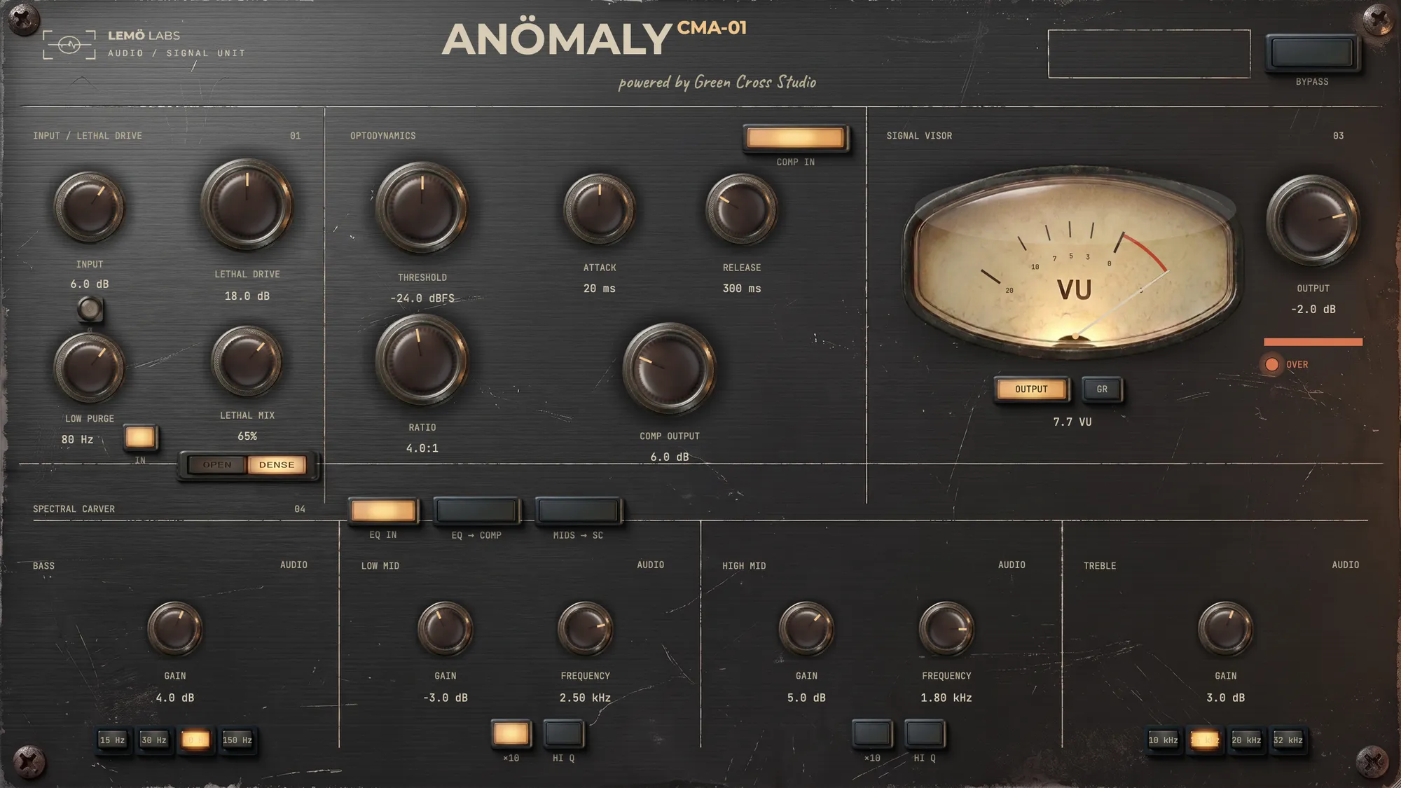 Panel completo de ANÖMALY CMA-01: entrada con drive de válvula, compresor óptico, visor de señal y ecualizador de cuatro bandas
